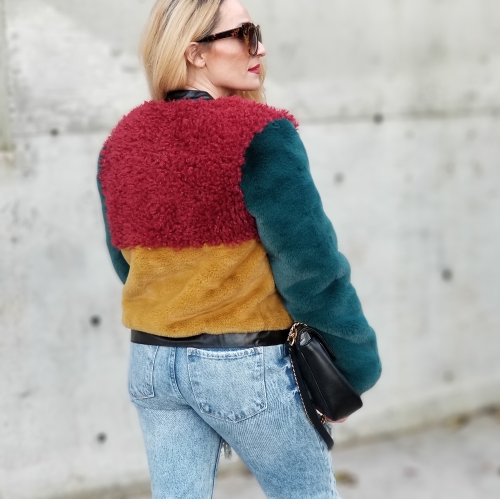 Womens multicolor Colorblock faux Fur Jacket Coat - Picture 2 of 4